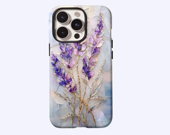 Lavendel Stained Glass Handyhülle, Lila Wildblumen Blumen Mosaik Kunstvolle Vintage,iPhone 17 16 15 14 13 12 11 ProMax,Samsung S25 S24,MagSafe