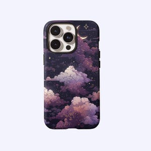 Pixel Art Purple Moon Sky Phone Case,Retro Dreamy Stars Clouds Celestial Art,For iphone 17 16 15 14 13 12 11 Pro Max,Samsung S25 S24,Magsafe