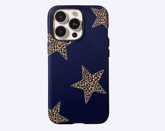 Large Leopard Star Phone Case, Navy Blue Protective,Cheetah Girl Y2K Star Simple Suitable,iPhone 17 16 15 14 13 12 11 ProMax,Samsung S25 S24