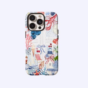 May include: A phone case featuring a nautical theme with a white and blue striped background. The design includes a red lobster, blueberries, a lighthouse, ice cream, and the word "SALTY".