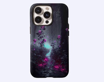 Funda para teléfono Dark Magical Forest, Bosque oscuro, Rosas moradas, Sendero fluorescente, Para iPhone 17, 16, 15, 14, 13, 12, 11 ProMax, Samsung S25, S24 Ultra, Magsafe