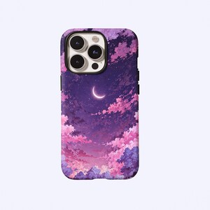 Dreamy Pink‑purple Crescent Moon Cloud Phone Case,Whimsical Starry Sky Print,For iphone 17 16 15 14 13 12 11 Pro Max,Samsung S26 S25,Magsafe