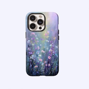 May include: A phone case featuring a floral design with purple, pink, and white flowers. The artwork includes a butterfly and a soft, colorful background. The case has a black border and a camera cutout.