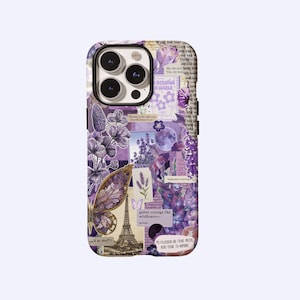 May include: A purple phone case with a collage design featuring lavender, butterflies, and the Eiffel Tower. The case has a glossy finish and includes text fragments like "DESERVE" and "gather courage like wildflowers". The overall theme is a romantic, floral aesthetic.