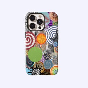 May include: A colorful phone case featuring a vibrant collage of swirling patterns and circular designs. The case showcases a variety of colors, including red, orange, green, blue, and black, creating a psychedelic and artistic aesthetic. The case is designed to fit a smartphone.