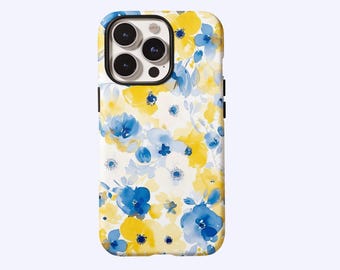 Funda para teléfono con flores de acuarela azules y amarillas, diseño floral moderno y vibrante, para iPhone 17, 16, 15, 14, 13, 12, 11 Pro Max, Samsung S25, S24, Magsafe
