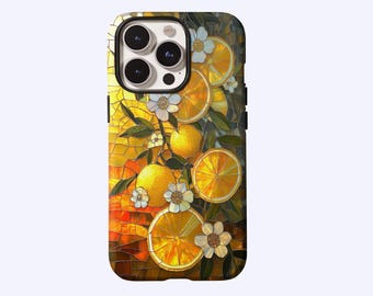 Orange Stained Glass Phone Case, Zitrusfrüchte und kleine weiße Blumen, Kunstvolle Ästhetik, für iPhone 17 16 15 14 13 12 11, Samsung S25 S24, MagSafe