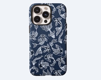 Koi Fish Phone Case,Japanese Blue and white traditional lines Art,For iPhone 17 16 15 14 13 12 11 Pro Max,Samsung S25 S24 Ultra,Magsafe