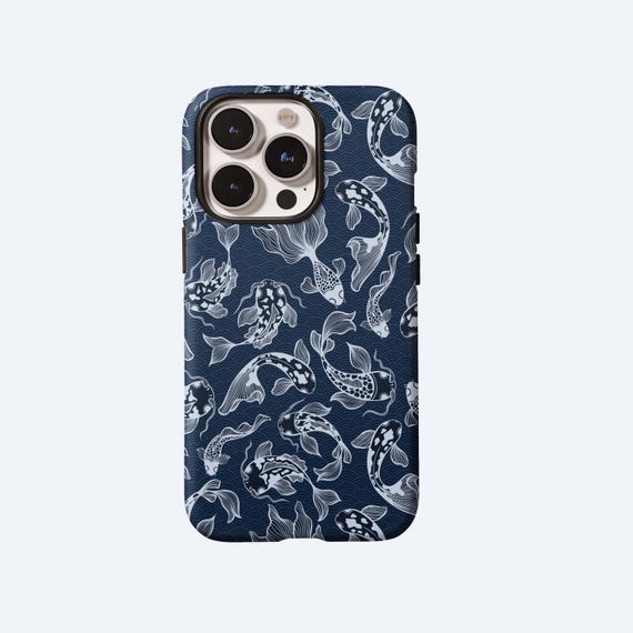 Koi Fish Phone Case,Japanese Blue and white traditional lines Art,For iPhone 17 16 15 14 13 12 11 Pro Max,Samsung S25 S24 Ultra,Magsafe