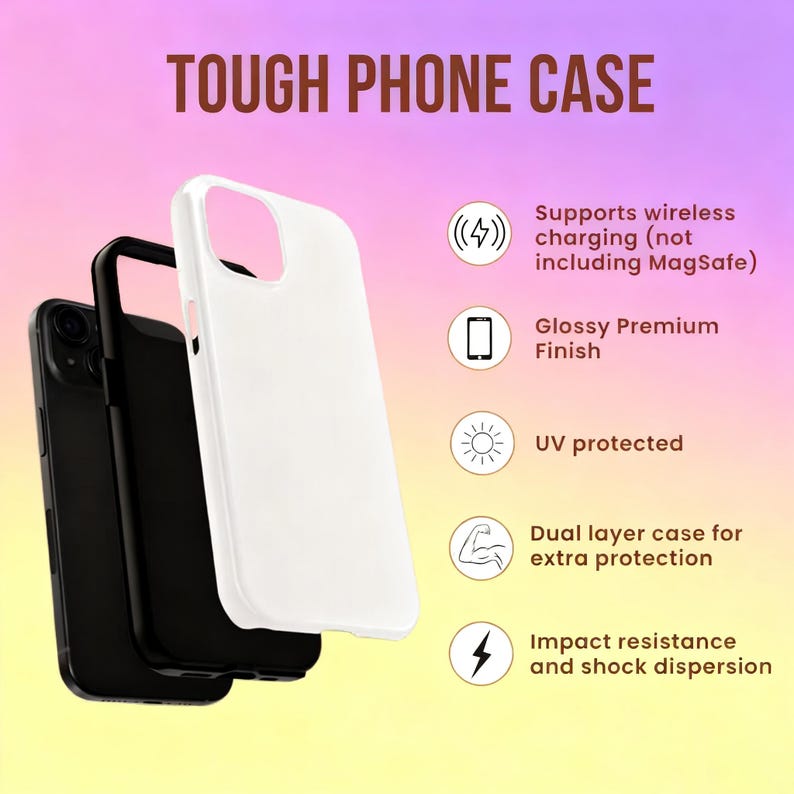 May include: A white phone case with a glossy premium finish, next to a black phone case. The text "TOUGH PHONE CASE" is at the top. Features include wireless charging support, UV protection, and dual-layer construction for extra protection.
