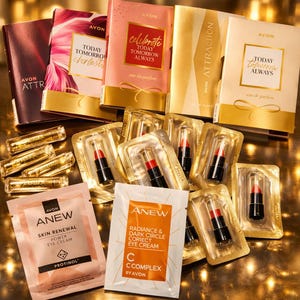 Op de afbeelding: Een assortiment Avon-schoonheidsproducten, waaronder lipsticks, parfummonsters en oogcrèmes. De lipsticks zitten in individuele goudkleurige verpakkingen. De parfummonsters zitten in kleine, boekachtige containers.