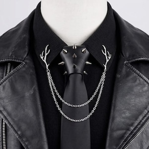 Nieten-Krawatten-Abdeckung mit Geweih-Kette - Gothic Punk Leder Krawatten-Accessoire