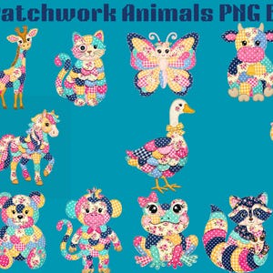 May include: A collection of colorful patchwork animal illustrations, including a giraffe, cat, butterfly, cow, dog, horse, duck, bear, monkey, frog, raccoon, and chick. Each animal is composed of various fabric patches in vibrant colors and patterns, set against a teal background. The text "Patchwork Animals PNG Bundle" is at the top.