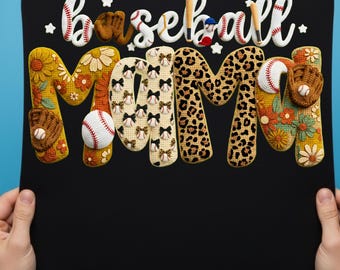 Mamá de béisbol a crochet PNG, letras de parche de hilo sintético, diseño deportivo floral con estampado de leopardo, gráficos de sublimación texturizados, mamá de béisbol moderna DTF
