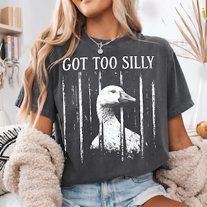 Pode incluir: Camiseta cinza escuro com o texto "GOT TOO SILLY" acima de um gráfico de um pato atrás das grades. O pato é branco e cinza. A camiseta está sendo usada.