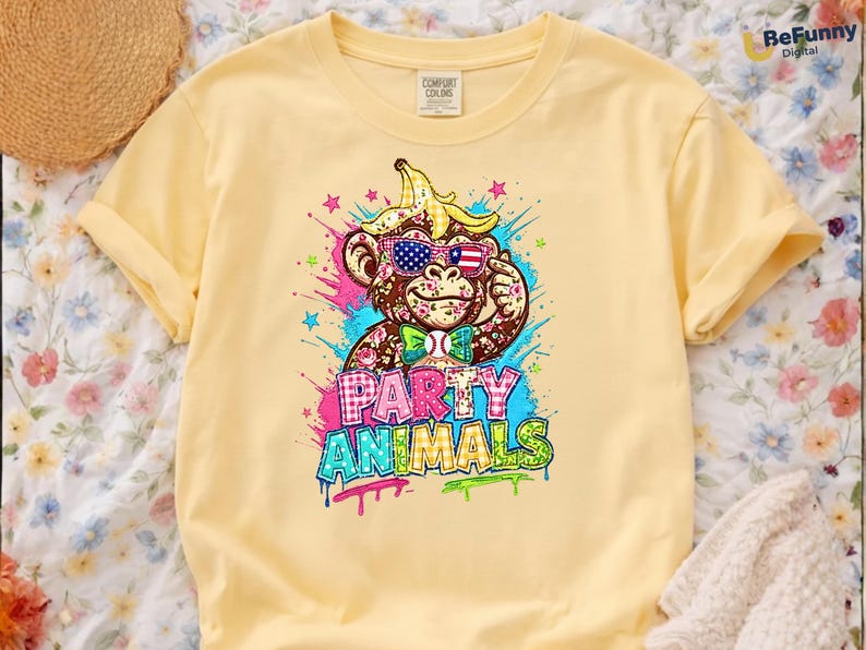 Puede incluir: Camiseta amarilla clara con un mono de dibujos animados que lleva gafas de sol con un dise&ntilde;o de bandera estadounidense y un pl&aacute;tano en la cabeza. La camiseta tiene las palabras "PARTY ANIMALS" en letras coloridas de estilo grafiti.