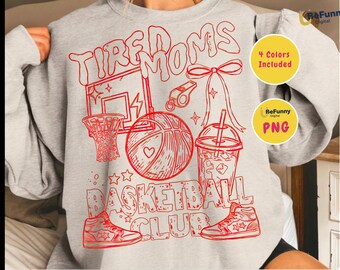 Club de baloncesto de mamás cansadas (PNG), camiseta deportiva de mamá coqueta (PNG), dibujo a mano por sublimación, café helado y lazo (PNG), mamá de baloncesto retro