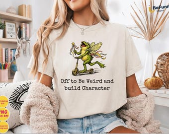 Off To Be Weird And Build Character PNG, Funny Fairy Frog Scooter Shirt Design, Vintage Cottagecore Graphic, Quirky Retro Sublimation File