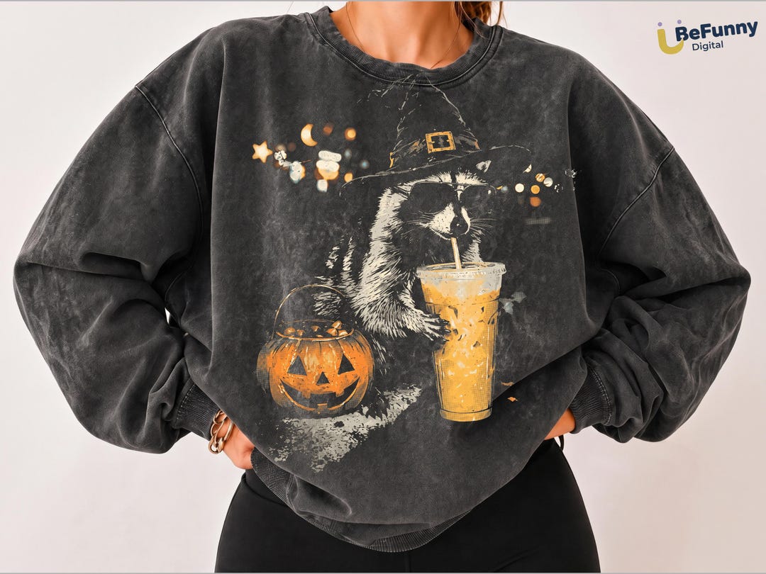 Halloween Raccoon PNG, Funny Witch Trash Panda Sublimation Design, Pumpkin Spice Iced Coff