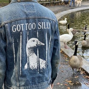 May include: A denim jacket with a goose graphic and the text "GOT TOO SILLY" in white. The jacket has a small goose pin on the collar. Geese are visible in the background near a pond.