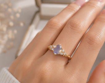 Ring aus natürlichem Labradorit-Cordierit, 18 Karat vergoldetes Sterlingsilber, Vintage-Blumenmuster