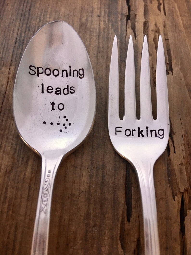 Hand Stamped Silverware Spooning Leads to Forking Set Etsy
