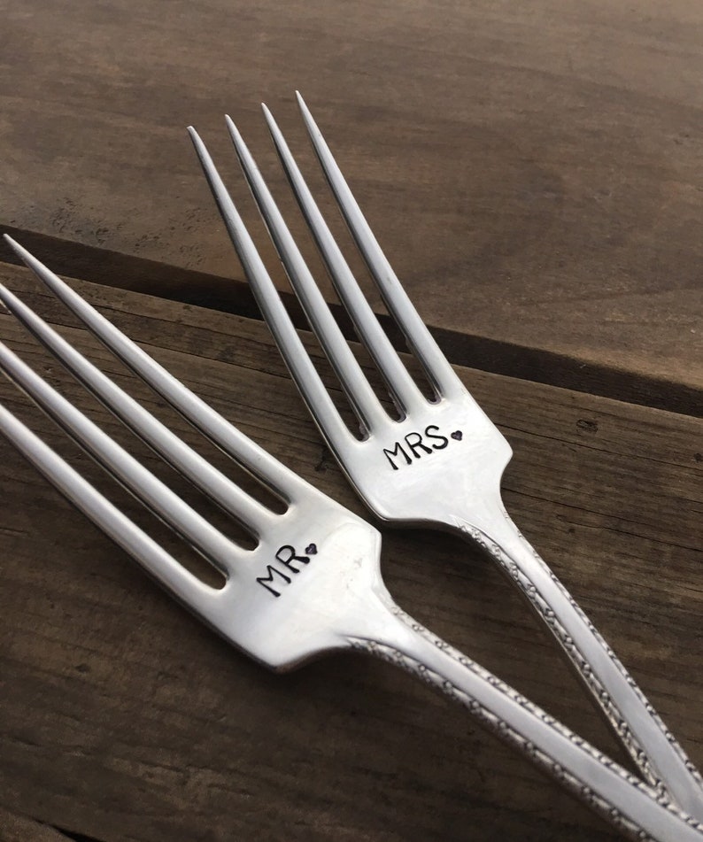 Wedding Forks Hand Stamped Wedding Forks Mr and Mrs Dinner Etsy