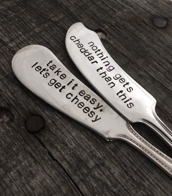 Hand stamped cheese knife set funny cheese knife set | Etsy