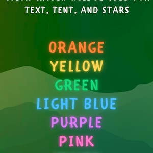 Puede incluir: Imagen que muestra opciones de color para texto, tienda y estrellas. Las opciones son naranja, amarillo, verde, azul claro, morado, rosa y blanco, sobre un fondo degradado verde.