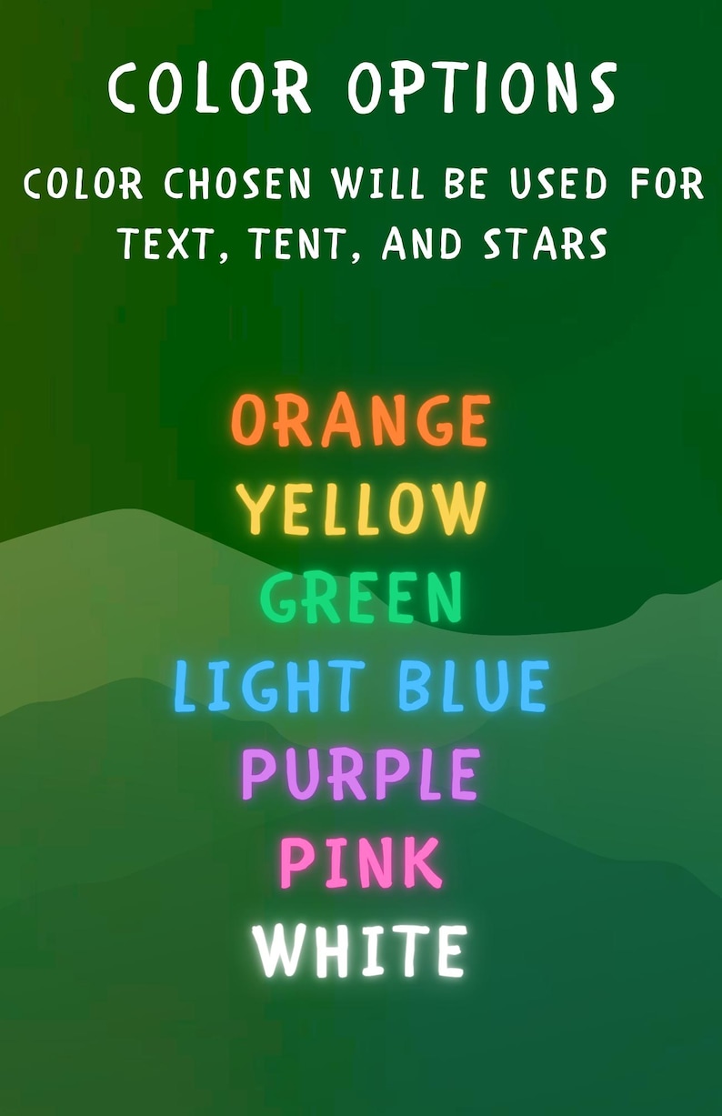 Puede incluir: Imagen que muestra opciones de color para texto, tienda y estrellas. Las opciones son naranja, amarillo, verde, azul claro, morado, rosa y blanco, sobre un fondo degradado verde.