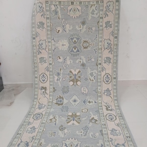 Muted Blue Vintage Rug, Floral Oushak Design Carpet, Neutral Pastel Area Rug for Modern