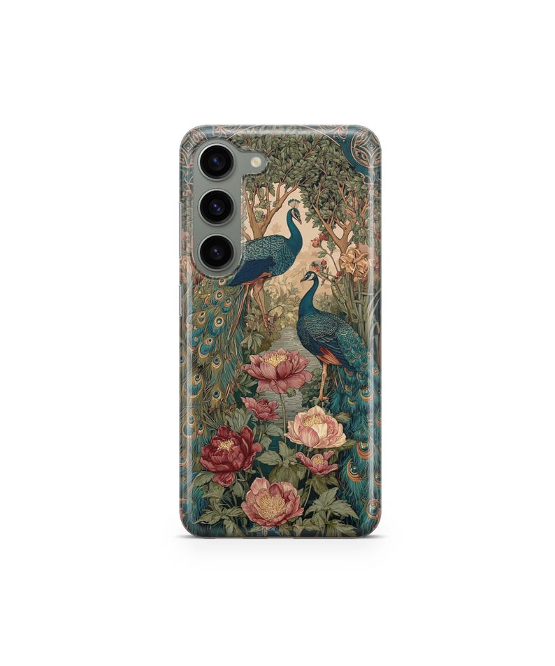 May include: A phone case featuring a detailed illustration of two peacocks in a garden setting. The design includes pink and red flowers, lush greenery, and a flowing stream. The case has a glossy finish.