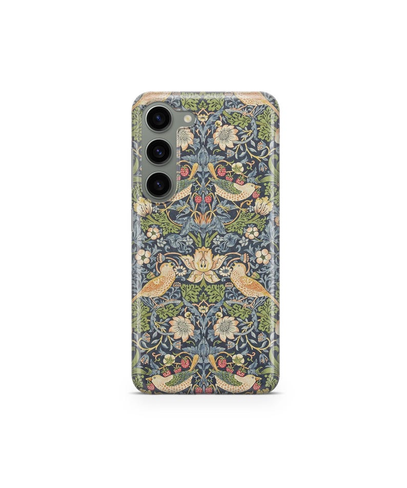 May include: A phone case with a floral and bird pattern in shades of blue, green, and beige. The design features stylized birds, flowers, and berries. The case has a camera module with three lenses.