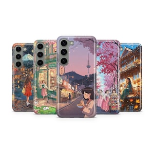 May include: Five phone cases with colorful anime-style illustrations. The cases depict scenes of cityscapes, cherry blossoms, and people. Each case has a different design, showcasing various artistic styles and themes.