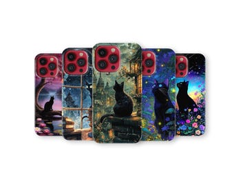 Black Cat Phone Case Mystical Night Cover for iPhone 17 Pro Max 16 15 14 13 12 11 X 8 7 Plus Samsung S25 Ultra S24 S23 S22 S21 S20 FE A16