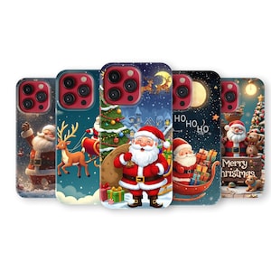 May include: A collection of five phone cases featuring festive Christmas designs. Each case showcases a unique illustration of Santa Claus, reindeer, and holiday scenes, with vibrant colors and detailed artwork. The cases are designed to fit a smartphone.