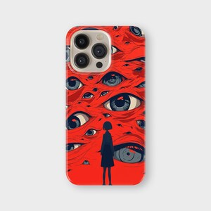 May include: A red phone case with a surreal illustration. The design features many blue eyes against a red backdrop, with a silhouetted figure below. The case has a glossy finish and a camera cutout.