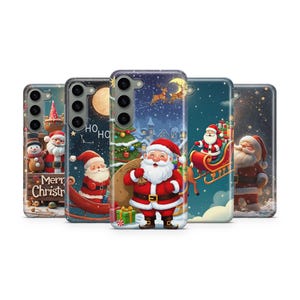May include: A collection of phone cases featuring festive Christmas designs. Each case showcases a unique illustration of Santa Claus, sleighs, and holiday scenes. The cases are in various colors, including red, blue, and green, with the words "Merry Christmas" on one case.
