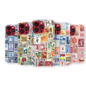 May include: A collection of five phone cases with a collage of colorful postage stamps. The cases have red camera housings and a variety of stamps featuring images of fruits, flowers, and landmarks.