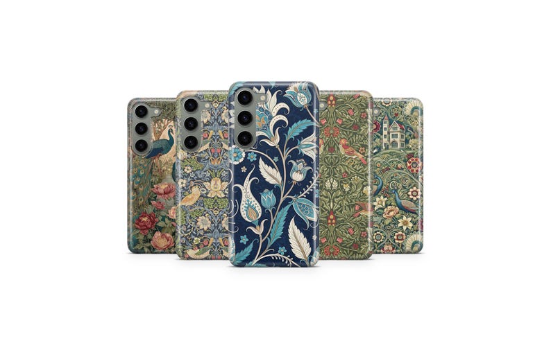 May include: A collection of five phone cases with floral and bird patterns. The cases feature designs in shades of blue, green, and red, with intricate details of flowers, peacocks, and foliage. The cases are arranged in a row against a white background.