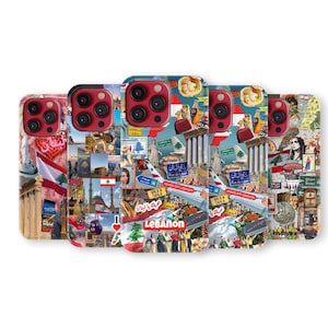 May include: A collection of phone cases with a collage design featuring images and text related to Lebanon. The cases have a variety of images, including landmarks, flags, and text that says "Lebanon". The cases are in various colors.