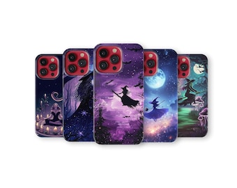 May include: Five phone cases with Halloween designs. Each case has a different illustration, including witches, full moons, and mystical forest scenes. The cases have a glossy finish and a red camera bump.