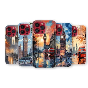 May include: A collection of phone cases featuring a watercolor painting of London landmarks. The designs showcase the Big Ben clock tower, red double-decker buses, and cityscapes in various color palettes, including sunset hues and rainy day reflections.