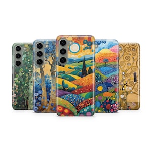 May include: A collection of five phone cases with colorful, artistic designs. The cases feature landscape and abstract art, with vibrant hues of green, blue, yellow, and orange. Each case has a different design, showcasing a variety of artistic styles.