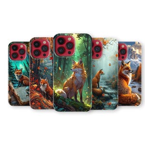 May include: A collection of phone cases featuring vibrant illustrations of foxes in various forest settings. Each case showcases a different scene, with the foxes in different poses and environments, including near a stream and in a forest.