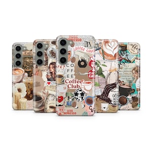 May include: Five smartphone cases featuring a collage of coffee-themed illustrations, including cups, mugs, coffee beans, and text such as Coffee Club and Less Depresso. The designs incorporate various shades of brown, cream, and soft red accents.