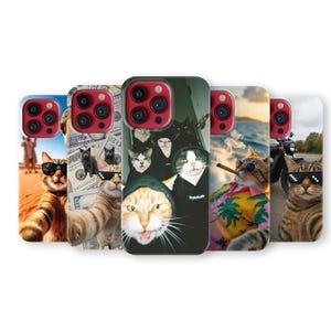 May include: A collection of phone cases featuring various cat designs. Each case showcases a different cat image, including cats wearing sunglasses, posing with money, and smoking cigars. The cases have a glossy finish and are designed for a smartphone.