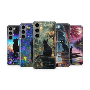 May include: A collection of five phone cases featuring artistic designs with black cats. Each case showcases a different scene, including a cat silhouetted against a night sky, a cat on a rooftop, and a cat by a window.