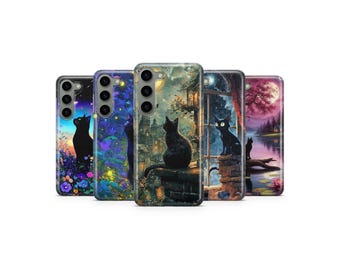 Black Cat Phone Case Mystical Night Cover for Samsung S25 Ultra S24 S23 S22 S21 S20 FE S10 S9 S8 S7 A56 A36 A26 A17 A16 A06 A05s