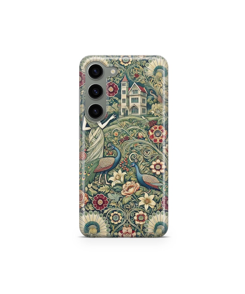 May include: A phone case featuring a detailed floral and peacock design. The case has a dark green background with colorful flowers, two peacocks, and a building. The design is reminiscent of vintage art.